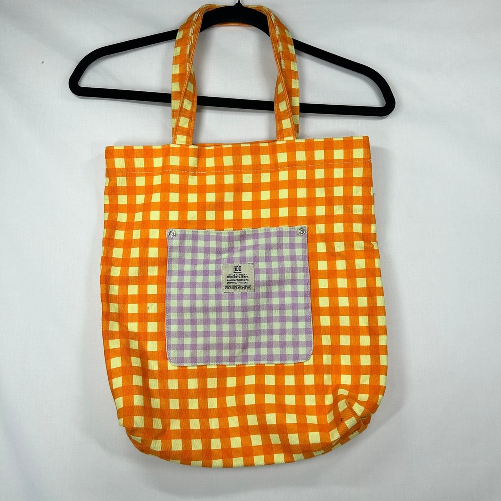 BDG Urban Outfitters Gingham Check Canvas Tote Bag  Orange & Purple Patch Pocket
